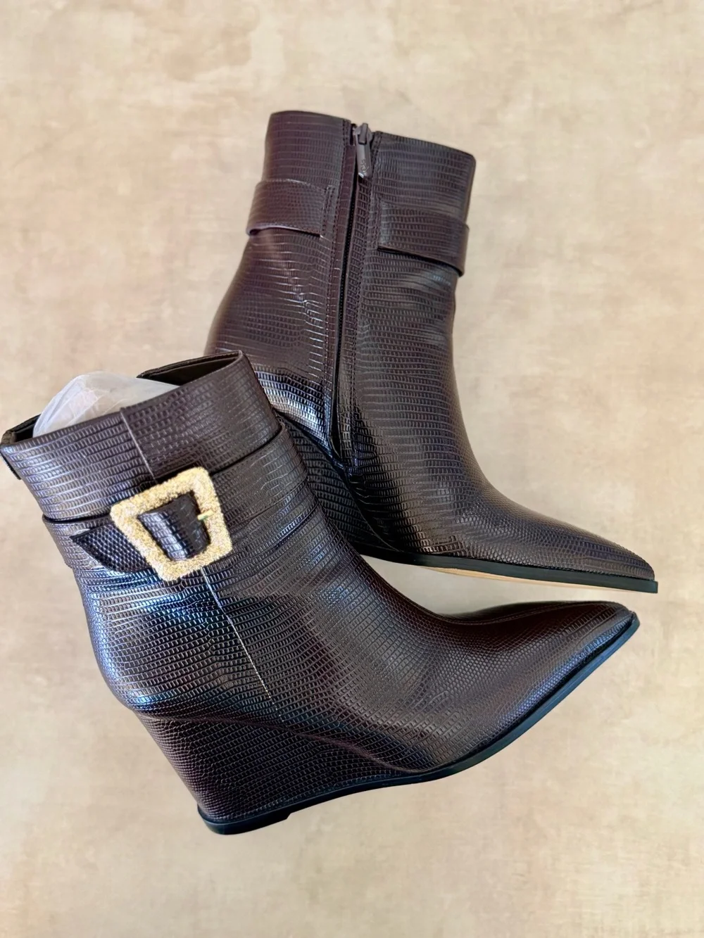 Sam Edelman Brown Textured Pointed Wedge Ankle Boots with Gold Buckle (Size 8)